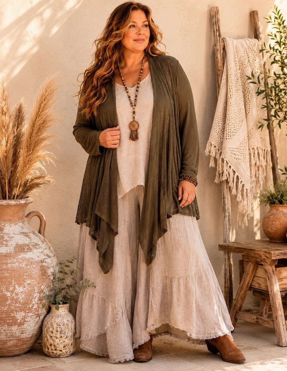 Magaschoni Woman 2X Olive Brown Open Cardigan Draped Boho Lagenlook Plus Sweater